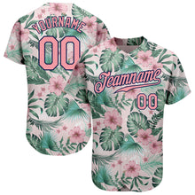 Load image into Gallery viewer, Custom White Medium Pink-Navy 3D Pattern Design Hawaii Palm Leaves And Flowers Authentic Baseball Jersey
