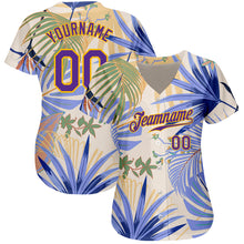 Load image into Gallery viewer, Custom White Purple-Gold 3D Pattern Design Hawaii Palm Leaves And Flowers Authentic Baseball Jersey