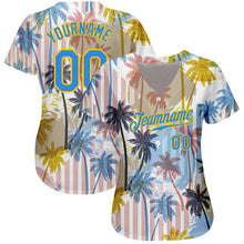 Load image into Gallery viewer, Custom White Electric Blue-Yellow 3D Pattern Design Hawaii Coconut Palms Authentic Baseball Jersey