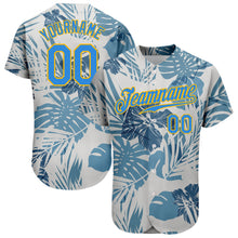 Load image into Gallery viewer, Custom White Electric Blue-Gold 3D Pattern Design Hawaii Palm Leaves And Flowers Authentic Baseball Jersey