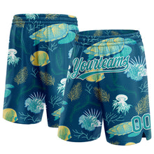 Load image into Gallery viewer, Custom Midnight Green Teal-White 3D Pattern Aquatic Plants And Sea Turtles Authentic Basketball Shorts