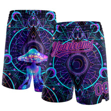 Load image into Gallery viewer, Custom Black Purple-Pink 3D Pattern Magic Mushrooms Over Sacred Geometry Psychedelic Hallucination Authentic Basketball Shorts