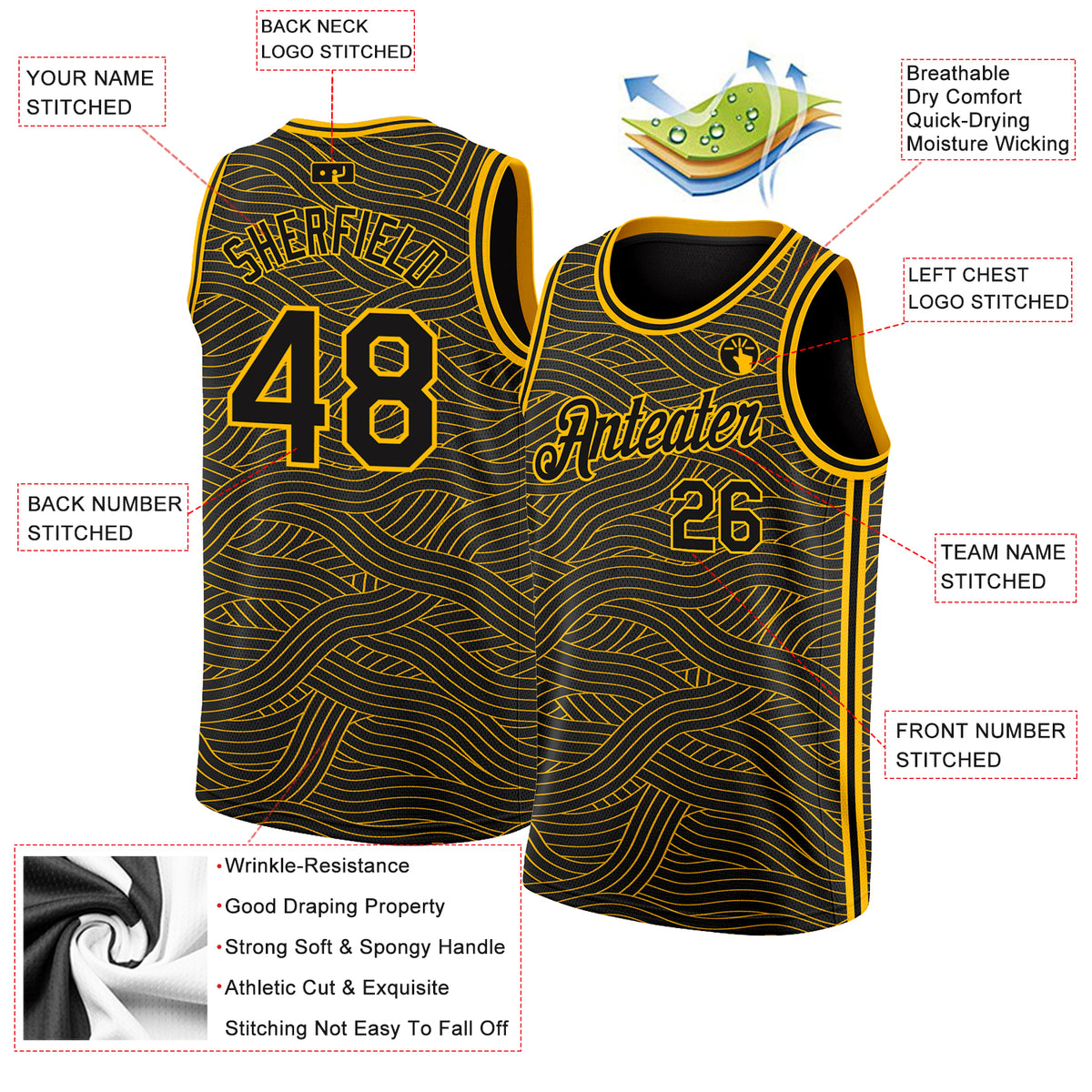 Custom Yellow Black Round Neck Sublimation Basketball Suit Jersey
