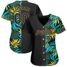 Load image into Gallery viewer, Custom Black Old Gold 3D Pattern Design Hawaii Tropical Palm Leaves Authentic Baseball Jersey