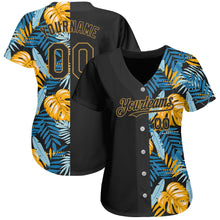 Load image into Gallery viewer, Custom Black Old Gold 3D Pattern Design Hawaii Tropical Leaves Authentic Baseball Jersey