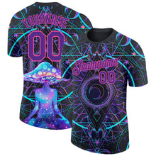 Load image into Gallery viewer, Custom Black Purple-Pink 3D Pattern Design Magic Mushrooms Over Sacred Geometry Psychedelic Hallucination Performance T-Shirt