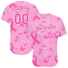 Load image into Gallery viewer, Custom Pink White 3D Pink Ribbon Breast Cancer Awareness Month Women Health Care Support Authentic Baseball Jersey