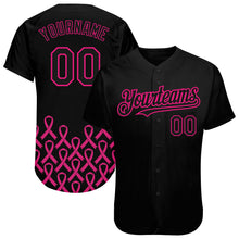 Load image into Gallery viewer, Custom Black Hot Pink 3D Pink Ribbon Breast Cancer Awareness Month Women Health Care Support Authentic Baseball Jersey