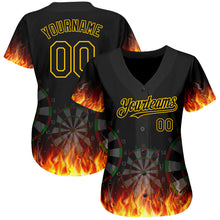 Load image into Gallery viewer, Custom Black Gold 3D Pattern Design Flame Dart Board Authentic Baseball Jersey