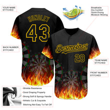 Load image into Gallery viewer, Custom Black Gold 3D Pattern Design Flame Dart Board Authentic Baseball Jersey