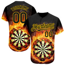 Load image into Gallery viewer, Custom Black Gold 3D Pattern Design Flame Dart Board Authentic Baseball Jersey