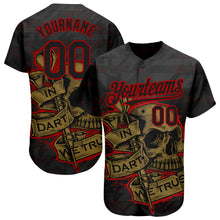 Load image into Gallery viewer, Custom Black Red-Old Gold 3D Pattern Design In Dart We Trust Authentic Baseball Jersey