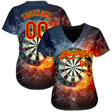 Load image into Gallery viewer, Custom Black Red-Gold 3D Pattern Design Flame Dart Board Authentic Baseball Jersey