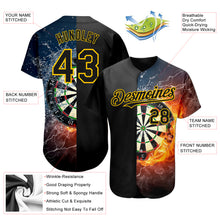 Load image into Gallery viewer, Custom Black Gold 3D Pattern Design Flame Dart Board Authentic Baseball Jersey