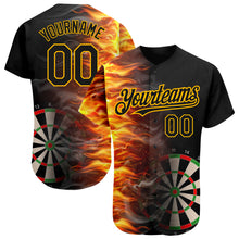 Load image into Gallery viewer, Custom Black Gold 3D Pattern Design Fiery Dart Board Authentic Baseball Jersey