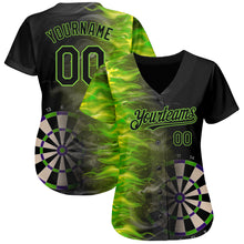 Load image into Gallery viewer, Custom Black Neon Green 3D Pattern Design Fiery Dart Board Authentic Baseball Jersey