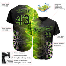 Load image into Gallery viewer, Custom Black Neon Green 3D Pattern Design Fiery Dart Board Authentic Baseball Jersey