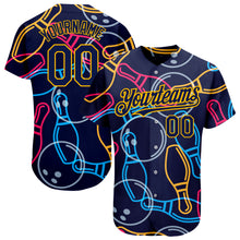 Load image into Gallery viewer, Custom Navy Gold 3D Pattern Design Bowling Authentic Baseball Jersey