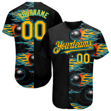 Load image into Gallery viewer, Custom Black Gold-Lakes Blue 3D Pattern Design Bowling Ball With Hotrod Flame Authentic Baseball Jersey Ball