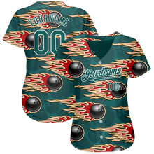 Load image into Gallery viewer, Custom Midnight Green White 3D Pattern Design Bowling Ball With Hotrod Flame Authentic Baseball Jersey