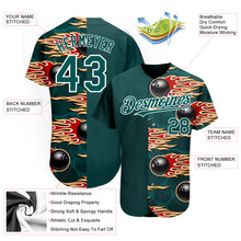 Load image into Gallery viewer, Custom Midnight Green White 3D Pattern Design Bowling Ball With Hotrod Flame Authentic Baseball Jersey