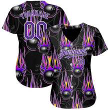 Load image into Gallery viewer, Custom Black Purple-White 3D Pattern Design Bowling Ball With Hotrod Flame Authentic Baseball Jersey