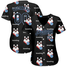 Load image into Gallery viewer, Custom Black Light Blue 3D Pattern Design Bowling Authentic Baseball Jersey