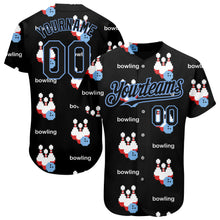 Load image into Gallery viewer, Custom Black Light Blue 3D Pattern Design Bowling Authentic Baseball Jersey