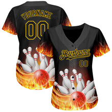 Load image into Gallery viewer, Custom Black Gold 3D Pattern Design Flame Bowling Authentic Baseball Jersey