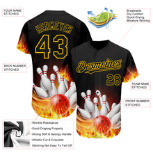 Load image into Gallery viewer, Custom Black Gold 3D Pattern Design Flame Bowling Authentic Baseball Jersey