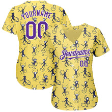Load image into Gallery viewer, Custom Yellow Purple-White 3D Pattern Design Monkey Authentic Baseball Jersey