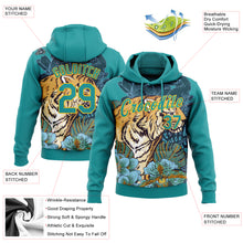 Load image into Gallery viewer, Custom Stitched Teal Yellow 3D Pattern Design Tiger And Flower Sports Pullover Sweatshirt Hoodie