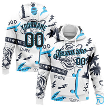 Load image into Gallery viewer, Custom Stitched White Black-Sky Blue 3D Pattern Design Tiger And Hawaii Palm Tree Sports Pullover Sweatshirt Hoodie