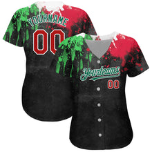 Load image into Gallery viewer, Custom Black Red Kelly Green 3D Mexican Flag Watercolored Splashes Grunge Design Authentic Baseball Jersey