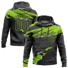 Load image into Gallery viewer, Custom Stitched Black Neon Green 3D Pattern Design Torn Paper Style Sports Pullover Sweatshirt Hoodie