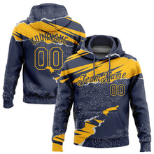 Load image into Gallery viewer, Custom Stitched Navy Gold 3D Pattern Design Torn Paper Style Sports Pullover Sweatshirt Hoodie