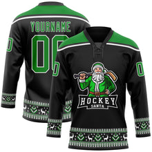 Load image into Gallery viewer, Custom Black Grass Green-White Christmas Santa Claus 3D Hockey Lace Neck Jersey