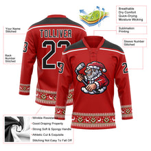 Load image into Gallery viewer, Custom Red Black-White Christmas Santa Claus 3D Hockey Lace Neck Jersey