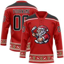 Load image into Gallery viewer, Custom Red Black-White Christmas Santa Claus 3D Hockey Lace Neck Jersey