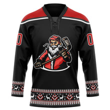 Load image into Gallery viewer, Custom Black Red-White Christmas Santa Claus 3D Hockey Lace Neck Jersey