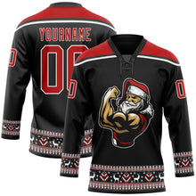 Load image into Gallery viewer, Custom Black Red-White Christmas Santa Claus 3D Hockey Lace Neck Jersey