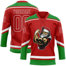 Load image into Gallery viewer, Custom Red Grass Green-White Christmas Santa Claus 3D Hockey Lace Neck Jersey