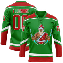 Load image into Gallery viewer, Custom Grass Green Red-White Christmas Santa Claus 3D Hockey Lace Neck Jersey