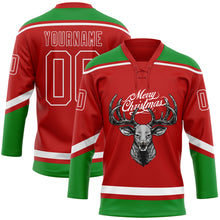Load image into Gallery viewer, Custom Red Grass Green-White Christmas Reindeer 3D Hockey Lace Neck Jersey