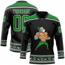 Load image into Gallery viewer, Custom Black Grass Green-White Christmas Santa Claus 3D Hockey Lace Neck Jersey