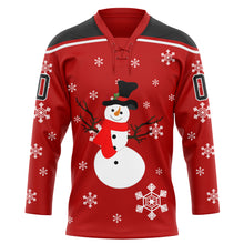 Load image into Gallery viewer, Custom Red Black-White Christmas Snowman 3D Hockey Lace Neck Jersey