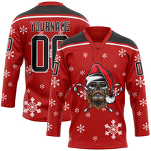 Load image into Gallery viewer, Custom Red Black-White Christmas Dog Wearing Santa Claus Costume 3D Hockey Lace Neck Jersey
