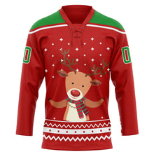 Load image into Gallery viewer, Custom Red Grass Green-White Christmas Reindeer 3D Hockey Lace Neck Jersey