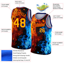 Load image into Gallery viewer, Custom Red Gold-Royal 3D Pattern Design Flame Authentic Basketball Jersey