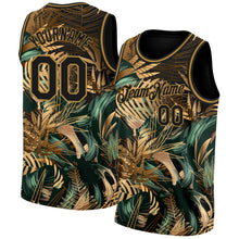 Load image into Gallery viewer, Custom Black Old Gold 3D Pattern Tropical Hawaii Palm Leaves Authentic Basketball Jersey